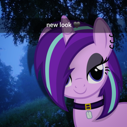 Size: 2048x2046 | Tagged: safe, artist:slb94, artist:trrrebleee, edit, imported from derpibooru, vector edit, starlight glimmer, pony, unicorn, alternate hairstyle, caption, edgelight glimmer, eyeliner, female, glimmer goth, goth, grass, horn, irl, jewelry, makeup, mare, nature, necklace, outdoors, photo, real life background, short mane, snapchat, solo, text, tree, vector