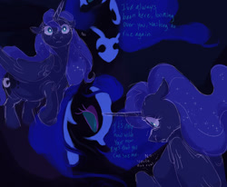 Size: 1700x1400 | Tagged: safe, artist:abbytabbys, imported from derpibooru, nightmare moon, princess luna, alicorn, pony, fanfic:broken destiny, alternate universe, black coat, blue coat, blue eyes, blue mane, blue pupils, blue sclera, blue tail, blue text, broken destiny au, colored eyelashes, colored sclera, colored sketch, dialogue, duo, duo female, ethereal mane, ethereal tail, eyeshadow, fanfic art, female, floppy ears, flowing mane, flowing tail, folded wings, frown, glowing, glowing eyes, helmet, horn, looking at someone, makeup, mare, missing accessory, nightmare moon armor, no mouth, profile, purple eyelashes, purple eyeshadow, raised hoof, scared, self paradox, self ponidox, shrunken pupils, sketch, sparkles, sparkly mane, sparkly tail, standing, standing on three hooves, starry mane, starry tail, tail, teal sclera, unicorn horn, white eyes, white pupils, white text, wings