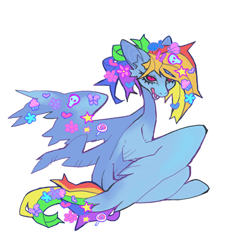 Size: 828x840 | Tagged: safe, artist:cutesykill, imported from derpibooru, rainbow dash, pegasus, pony, seraph, alternate design, alternate hairstyle, alternate tailstyle, big ears, blue coat, decora, ear fluff, eyelashes, female, hair accessory, hairclip, lidded eyes, mane accessory, mare, multicolored hair, multicolored mane, multiple wings, open mouth, partially open wings, pink eyes, rainbow hair, rainbow tail, rear view, simple background, sitting, slender, slit pupils, solo, tail, tail clip, thin, three quarter view, turned head, white background, wing accessory, wings