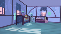 Size: 1280x720 | Tagged: safe, imported from derpibooru, screencap, pumpkin cake, pony, unicorn, baby cakes, season 2, baby, baby pony, bedroom, bow, crib, doll, drool, hair bow, hamper, horn, lamp, mobile, mouth hold, my little pony, nursery, pink sky, scenery, solo, sugarcube corner, sugarcube corner (interior), toy