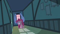 Size: 1280x720 | Tagged: safe, imported from derpibooru, screencap, pinkie pie, earth pony, pony, baby cakes, season 2, curtains, door, female, hallway, my little pony, nervous, picture frame, pink sky, scared, solo, solo female, sugarcube corner, sugarcube corner (interior), wind