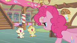 Size: 1280x720 | Tagged: safe, imported from derpibooru, screencap, pinkie pie, pound cake, pumpkin cake, earth pony, pegasus, pony, unicorn, baby cakes, season 2, baby, baby pony, bow, brother and sister, cake twins, candy, chandelier, cute, diaper, diapered baby, diapered colt, diapered filly, diapered foals, eyes closed, female, filly, food, hair bow, happy, happy babies, happy baby, horn, joy, joyous, ladder, looking at someone, male, mid-blink screencap, my little pony, open mouth, ponyville, poundabetes, pumpkinbetes, siblings, sitting, sitting on floor, stairs, sugarcube corner, sugarcube corner (interior), trio, twins