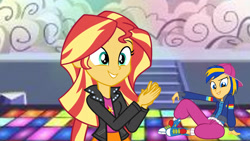 Size: 1147x645 | Tagged: safe, artist:mlpfan3991, artist:richardchibbard, imported from derpibooru, sunset shimmer, oc, oc:flare spark, human, equestria girls, backwards cap, baseball cap, breakdancing, cap, clapping, clothes, dance floor, female, hat, jacket, pants, rapper, shoes, sneakers