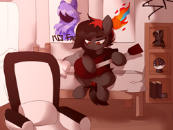 Size: 1600x1200 | Tagged: safe, artist:lamaka, imported from derpibooru, oc, oc:critic, oc:lamaka, original species, pegasus, plush pony, pony, bed, chair, colored horn, curved horn, female, guitar, horn, indoors, mare, musical instrument, no face, office chair, plushie, poster, room, sombra horn, село