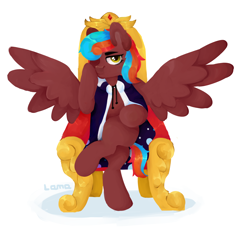 Size: 2938x2704 | Tagged: safe, artist:lamaka, imported from derpibooru, oc, oc:demagogue, cape, clothes, female, mare, simple background, spread wings, throne, transgender, wings, село