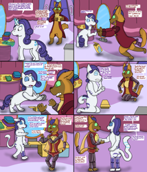 Size: 3000x3500 | Tagged: safe, artist:slywolf136, imported from derpibooru, capper dapperpaws, rarity, abyssinian, pony, unicorn, abyssinianized, action figure, belt, box, cape, carousel boutique, claws, clothes, coat, comic, dialogue, duo, duo male and female, eyes closed, fabric, fangs, female, folding, glowing, glowing horn, gritted teeth, high res, horn, inanimate tf, looking at each other, looking at someone, magic, male, mirror, open mouth, panicking, plastic, raricat, scared, shrinking, species swap, speech bubble, startled, story included, superhero costume, surprised, teeth, telekinesis, toy, transformation, transforming clothes, tripping