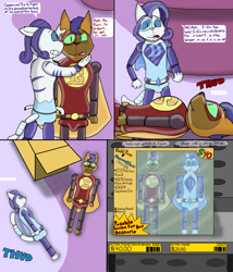 Size: 3000x3500 | Tagged: safe, artist:slywolf136, imported from derpibooru, capper dapperpaws, rarity, abyssinian, ..., abyssinianized, action figure, belt, box, cape, carousel boutique, clothes, comic, dialogue, duo, duo male and female, falling, female, gritted teeth, high res, inanimate tf, looking at each other, looking at someone, male, onomatopoeia, open mouth, panicking, plastic, price tag, raricat, scared, shelf, shrinking, species swap, speech bubble, story included, superhero costume, teeth, thought bubble, toy, toy store, transformation, transformed