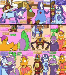 Size: 2900x3300 | Tagged: safe, artist:slywolf136, imported from derpibooru, capper dapperpaws, rarity, smolder, spike, abyssinian, dragon, :t, abyssinianized, action figure, action pose, all fours, barb, bed, bedroom, behaving like a cat, belt, box, button, cape, ceiling fan, clothes, comic, confused, dialogue, doll, dollified, door, dress, eyes closed, fan, grin, group, hand on hip, hape, high res, hug, implied garble, implied princess ember, inanimate tf, landing, living toy, looking at each other, looking at someone, looking down, looking up, nightgown, nightstand, one eye closed, onomatopoeia, open mouth, open smile, personal space invasion, plastic, plushie, plushification, post-transformation, pressing, princess smolder, quartet, raricat, rule 63, sheepish grin, smiling, species swap, speech bubble, squeezing, squished, story included, superhero costume, talking, thought bubble, toy, transformation, transformed