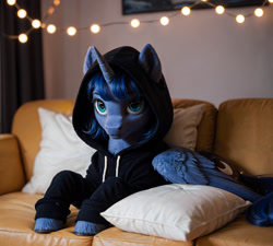 Size: 3686x3312 | Tagged: safe, imported from twibooru, princess luna, ai content, ai generated, chest fluff, clothes, couch, ear fluff, feathered wings, fluffy, hoodie, image, indoors, needs more jpeg, photorealistic, pillow, prompter:purrfectlyai, prone, realistic, solo, unshorn fetlocks