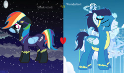 Size: 749x444 | Tagged: safe, artist:soarinrainbowdash3, imported from derpibooru, rainbow dash, soarin', pegasus, pony, clothes, costume, fanfic art, female, male, mare, nightmare night costume, shadowbolt dash, shadowbolts, shadowbolts costume, shipping, soarindash, stallion, straight, wonderbolts