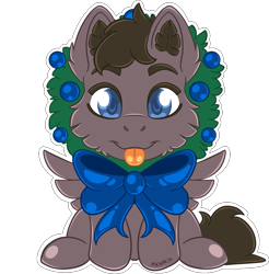 Size: 979x995 | Tagged: safe, artist:mychelle, imported from derpibooru, oc, oc only, oc:dustwing, pegasus, bowtie, cheek fluff, christmas, christmas ornament, christmas wreath, commission, cute, decoration, ear fluff, holiday, male, pegasus oc, spread wings, stallion, tongue out, wings, wreath, ych result