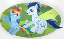 Size: 750x455 | Tagged: safe, artist:soarinrainbowdash3, imported from derpibooru, rainbow dash, soarin', pegasus, pony, female, male, mare, shipping, soarindash, stallion, straight