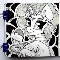 Size: 2992x2992 | Tagged: safe, artist:lilacclime, imported from derpibooru, saffron masala, pony, unicorn, black and white, clothes, cup, desktop ponies, female, grayscale, horn, indian, inktober 2023, jewelry, looking at you, mare, monochrome, pixel art, solo, sprite, teacup, watermark