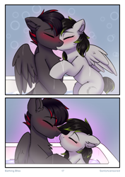 Size: 2480x3508 | Tagged: safe, artist:sonigiraldo, imported from derpibooru, oc, oc only, oc:mistral dreamer, oc:silver moon, pegasus, pony, comic:bathing bliss, after kiss, bath, bathing together, bathtub, blushing, chest fluff, comic, drool, drool string, duo, duo male and female, ear fluff, eyes closed, female, kiss on the lips, kissing, male, mare, oc x oc, open mouth, pegasus oc, shipping, stallion, straight, water, wings