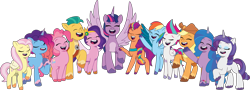 Size: 5454x1974 | Tagged: safe, artist:prixy05, imported from derpibooru, applejack, fluttershy, hitch trailblazer, izzy moonbow, pinkie pie, pipp petals, rainbow dash, rarity, sunny starscout, twilight sparkle, zipp storm, alicorn, earth pony, pegasus, pony, unicorn, applejack (g5), eyes closed, female, fluttershy (g5), g4 to g5, g5, generation leap, horn, male, mane five, mane six, mane six (g5), mane stripe sunny, mane twelve, mare, misty brightdawn, my little pony: tell your tale, pinkie pie (g5), rainbow dash (g5), rarity (g5), rebirth misty, simple background, stallion, transparent background, twilight sparkle (alicorn), twilight sparkle (g5)