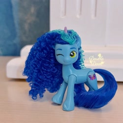 Size: 2252x2252 | Tagged: safe, imported from derpibooru, pony, unicorn, brushable, dinosaw, g5, horn, irl, long mane, merchandise, misty brightdawn, official, one eye closed, photo, solo, toy, wink