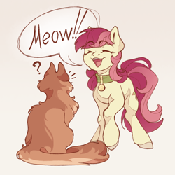 Size: 1600x1600 | Tagged: safe, artist:miss_glowwormis, imported from derpibooru, roseluck, cat, earth pony, pony, behaving like a cat, collar, commission, commissioner:doom9454, cute, duo, meow, pet tag, pony pet, rosepet, sitting, standing