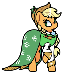 Size: 784x900 | Tagged: safe, alternate version, artist:kindakismet, imported from derpibooru, applejack, spirit of hearth's warming past, earth pony, pony, clothes, hat, raised hoof, simple background, smiling, solo, transparent background