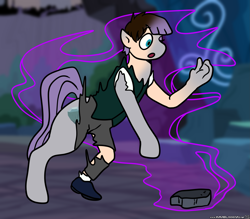 Size: 3391x2975 | Tagged: safe, artist:boundbrush, artist:just-silvushka, imported from derpibooru, maud pie, earth pony, human, pony, clothes, disappearing clothes, high res, human to pony, magic, rock, solo, transformation