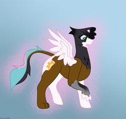 Size: 2048x1923 | Tagged: safe, artist:home-made, imported from derpibooru, princess celestia, oc, alicorn, griffon, pony, character to character, gradient background, griffon to pony, magic, solo, spread wings, transformation, transformation sequence, wings