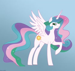 Size: 2048x1923 | Tagged: safe, artist:home-made, imported from derpibooru, princess celestia, alicorn, pony, character to character, female, gradient background, griffon to pony, mare, raised hoof, smiling, solo, spread wings, transformation, transformation sequence, wings