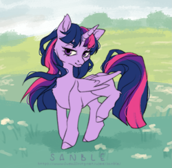 Size: 1055x1029 | Tagged: safe, artist:sanble, imported from derpibooru, twilight sparkle, alicorn, pony, female, lidded eyes, mare, raised leg, solo, turned head, twilight sparkle (alicorn)