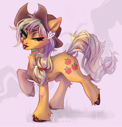 Size: 2238x2319 | Tagged: safe, artist:sanble, imported from derpibooru, applejack, earth pony, pony, female, high res, looking at you, mare, one eye closed, solo, standing on two hooves, tongue out, unshorn fetlocks, wink