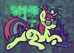 Size: 1717x1240 | Tagged: safe, artist:catponything, imported from derpibooru, moondancer, unicorn, :p, bong, book, butt, crossed hooves, dock, drug use, drugs, female, glasses, horn, lidded eyes, looking at you, lying down, mare, marijuana, messy mane, prone, smiling, smiling at you, smoke weed everyday, tail, tongue out