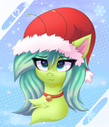 Size: 3000x3500 | Tagged: safe, artist:gaffy, imported from derpibooru, oc, oc only, oc:starzie, earth pony, pony, :3, abstract background, art trade, bell, bust, chest fluff, christmas, earth pony oc, eye clipping through hair, female, hat, holiday, mare, portrait, santa hat, smiling