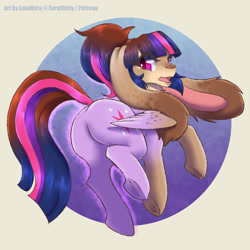 Size: 1280x1280 | Tagged: safe, artist:lunabara, imported from derpibooru, twilight sparkle, alicorn, pony, rabbit, animal, butt, female, furry, furry to pony, looking back, plot, solo, transformation, twilight sparkle (alicorn)