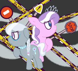 Size: 1150x1050 | Tagged: safe, artist:wanda, imported from derpibooru, diamond tiara, silver spoon, earth pony, pony, cutie mark, female, filly, foal, glasses, looking down, looking up, sign, stop sign