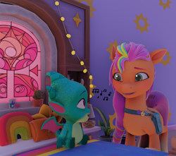 Size: 3362x2968 | Tagged: safe, artist:sunsetshimmersus, imported from derpibooru, sunny starscout, dragon, earth pony, pony, 3d, baby, baby dragon, bed, blender, crystal brighthouse, duo, duo male and female, female, g5, looking at each other, looking at someone, lullaby, male, mane stripe sunny, mare, singing, sparky sparkeroni, sunny starscout's bedroom