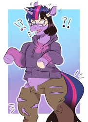 Size: 1500x2069 | Tagged: safe, artist:spacecorgi, imported from derpibooru, twilight sparkle, human, pony, unicorn, clothes, exclamation point, glasses, hoodie, horn, human to pony, interrobang, mid-transformation, pants, question mark, ripping clothes, solo, standing, transformation