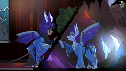 Size: 3840x2160 | Tagged: safe, artist:brainiac, imported from derpibooru, oc, oc only, oc:wax n' wane, bat pony, pony, bat pony oc, bat wings, cavern, clothes, commission, crossover, duality, final fantasy, final fantasy xiv, glasses, glowing crystals, hakama, indoors, kimono (clothing), lalafell, ponified, samurai, self paradox, wings