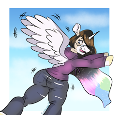 Size: 1900x1807 | Tagged: safe, artist:spacecorgi, imported from derpibooru, princess celestia, alicorn, human, pony, clothes, falling, glasses, hoodie, human to pony, looking back, pants, ripping clothes, solo, spread wings, transformation, wings