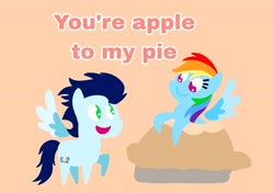 Size: 3553x2499 | Tagged: safe, anonymous artist, derpibooru exclusive, imported from derpibooru, rainbow dash, soarin', pegasus, pony, series:soarindash relationship, series:soarindash romantic tales, apple, apple pie, female, food, looking at each other, looking at someone, male, mare, pie, pointy ponies, shipping, smiling, smiling at each other, soarindash, stallion, straight, text