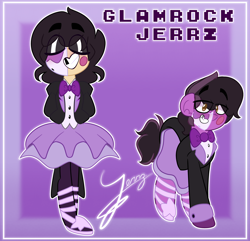 Size: 2900x2800 | Tagged: safe, artist:jerrz_pony, imported from derpibooru, oc, oc:jerrz, earth pony, human, pony, ballerina, black hair, brown eyes, clothes, cute, femboy, five nights at freddy's, humanized, make-up, male, nonbinary, nonbinary oc, purple background, purple mane, simple background, skirt, suit, unisex