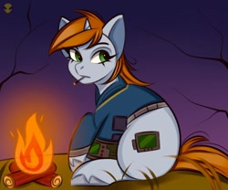 Size: 1200x1000 | Tagged: safe, artist:namelessplaza, imported from derpibooru, oc, oc:littlepip, pony, unicorn, fallout equestria, bonfire, cigarette, fallout, female, fire, grass, horn, night, solo, tree