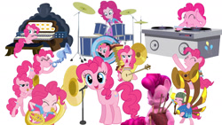 Size: 1280x720 | Tagged: safe, artist:mariahkool, imported from derpibooru, pinkie pie, earth pony, pony, equestria girls, hello pinkie pie, bagpipes, banjo, butt, female, guitar, harmonica, mare, microphone, musical instrument, my little pony, organ, organ to the outside, plot, sitting, solo, tuba, yovidaphone