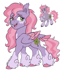 Size: 1079x1243 | Tagged: safe, artist:caffeinatedcarny, imported from derpibooru, clover (g1), earth pony, pegasus, my little pony tales, clothes, coat markings, colored hooves, colored wings, dark eyes, ear tufts, facial markings, feathered ears, feathered fetlocks, female, fetlock tuft, folded wings, g1, hooves, lidded eyes, mare, multicolored wings, not starsong, open mouth, open smile, pegasus clover (g1), pink hair, redesign, signature, simple background, smiling, socks (coat markings), solo, species swap, tail, tail feathers, tooth gap, transparent background, unshorn fetlocks, wings