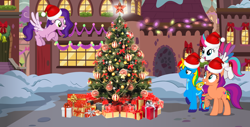 Size: 1518x772 | Tagged: safe, artist:lizzmcclin, imported from derpibooru, pipp petals, sunny starscout, zipp storm, oc, oc:shield wing, christmas, christmas presents, christmas tree, g5, g5 to g4, generation leap, holiday, tree