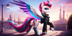 Size: 2048x1024 | Tagged: safe, imported from twibooru, zipp storm, pegasus, ai generated, anonymous prompter, augmentation, augmented, clothes, ear fluff, feathered wings, futuristic, g5, image, jacket, lamppost, looking at you, png, raised hoof, side view, solo, spread wings, unshorn fetlocks, wings