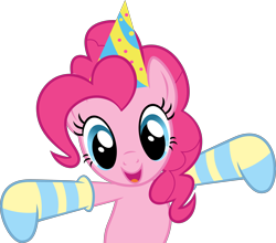 Size: 7024x6188 | Tagged: safe, artist:firlin123, pinkie pie, earth pony, pony, happy birthday to you!, .svg available, absurd resolution, clothes, female, hat, mare, open mouth, party hat, ponies in socks, simple background, socks, solo, spread hooves, striped socks, svg, transparent background, vector