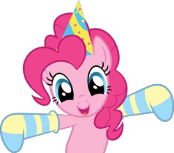 Size: 7024x6188 | Tagged: safe, alternate version, artist:firlin123, pinkie pie, earth pony, pony, happy birthday to you!, .svg available, absurd resolution, clothes, cute, diapinkes, female, hat, mare, open mouth, party hat, ponies in socks, simple background, socks, solo, spread hooves, striped socks, svg, transparent background, vector