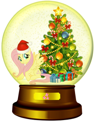 Size: 1700x2177 | Tagged: safe, artist:lizzmcclin, imported from derpibooru, fluttershy, pegasus, pony, christmas, christmas tree, hat, holiday, santa hat, simple background, snow globe, transparent background, tree