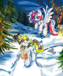 Size: 4000x4800 | Tagged: safe, artist:vanilla-chan, imported from derpibooru, oc, oc only, oc:red wine, oc:yellowglaze, pegasus, pony, unicorn, chest fluff, horn, pegasus oc, snow, tail, two toned mane, two toned tail, unicorn oc, wings, winter