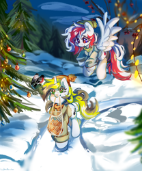 Size: 4000x4800 | Tagged: safe, artist:vanilla-chan, imported from derpibooru, oc, oc only, oc:red wine, oc:yellowglaze, pegasus, pony, unicorn, chest fluff, clothes, horn, pegasus oc, scarf, snow, tail, two toned mane, two toned tail, unicorn oc, wings, winter