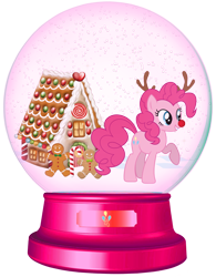 Size: 1700x2177 | Tagged: safe, artist:lizzmcclin, imported from derpibooru, pinkie pie, earth pony, pony, antlers, christmas, female, food, gingerbread (food), gingerbread house, gingerbread man, holiday, reindeer antlers, rudolph nose, rudolph the red nosed reindeer, simple background, snow globe, solo, transparent background