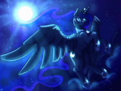 Size: 2048x1536 | Tagged: safe, artist:mystyswirl, imported from derpibooru, princess luna, alicorn, pony, absurd resolution, beautiful, blue eyes, blue mane, blue tail, cloud, crown, digital art, ethereal mane, ethereal tail, eyeshadow, feather, female, flowing mane, flowing tail, flying, gem, glowing, hoof shoes, horn, jewelry, looking at you, majestic, makeup, mare, moon, moonlight, night, peytral, princess shoes, redraw, regalia, signature, sky, solo, sparkles, spread wings, starry mane, starry tail, stars, tail, wings