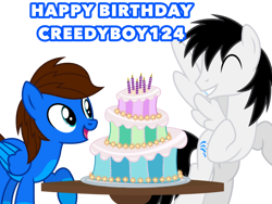 Size: 1024x768 | Tagged: safe, artist:bluemario11, imported from derpibooru, oc, oc only, oc:blue thunder, oc:shane park, pegasus, pony, birthday cake, cake, food, male, simple background, transparent background